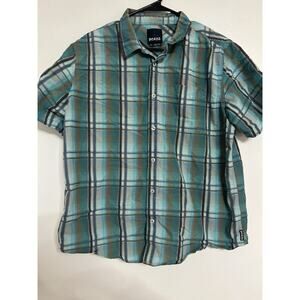 PRANA Men's Size L Short Sleeve Button Down Plaid Shirt Pockets Multicolor Blue